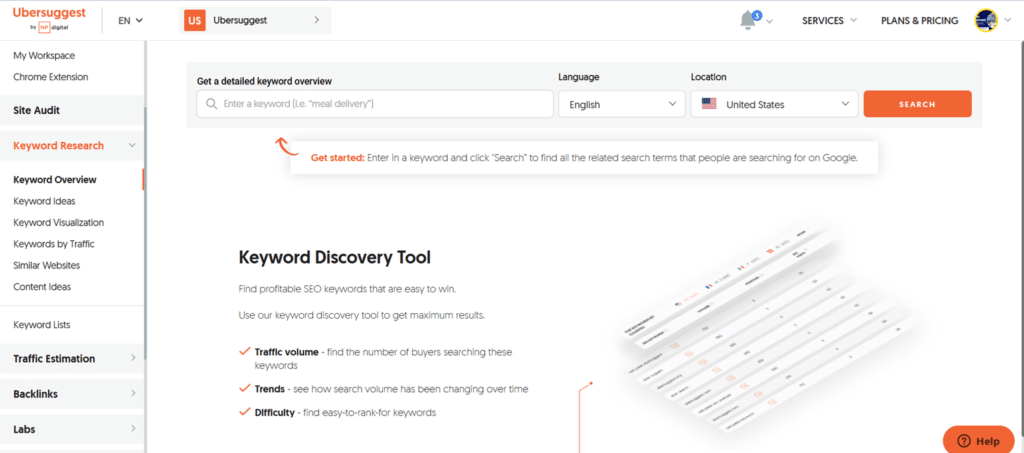 Keyword Research Tool of ubersuggest