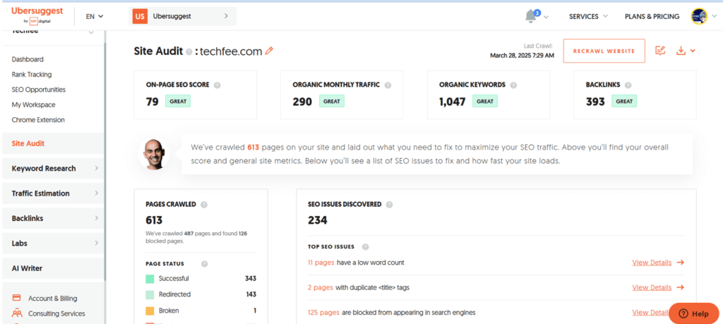 site audit tool of ubersuggest