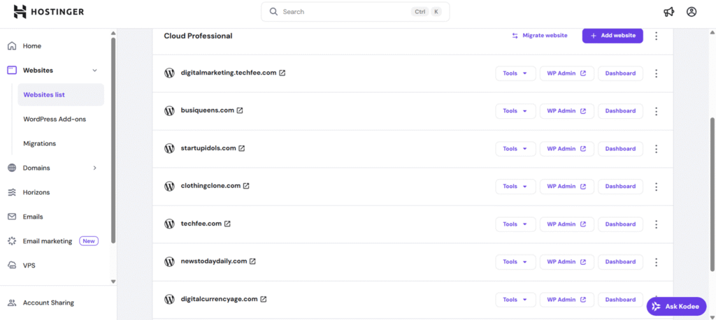 my websites on hostinger