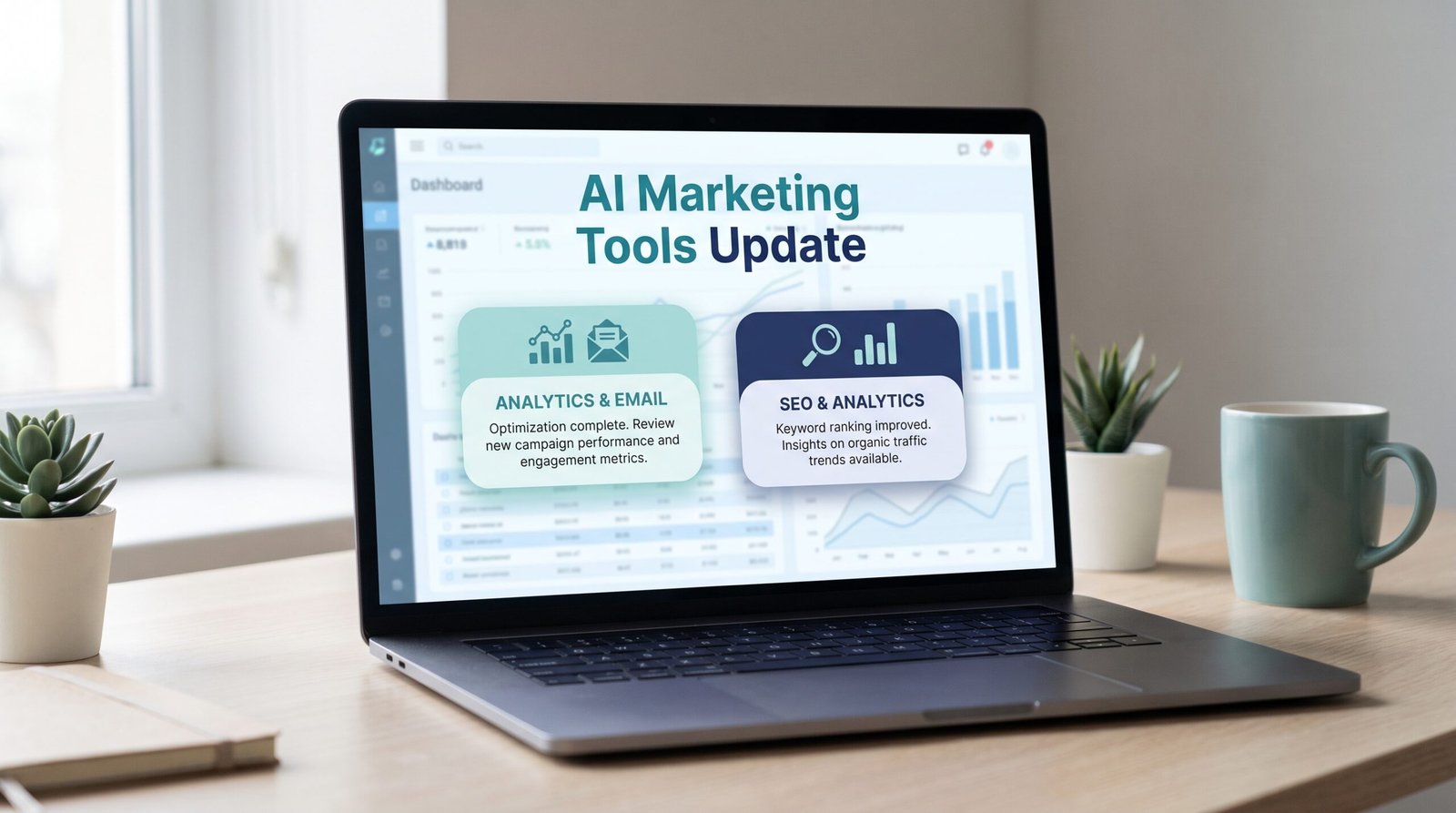 AI marketing tools update showing Klaviyo and Semrush product notification cards on a laptop screen